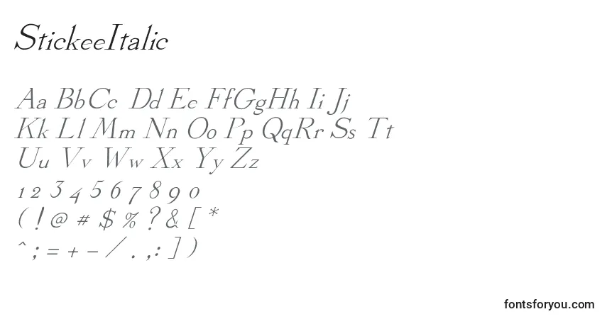 characters of stickeeitalic font, letter of stickeeitalic font, alphabet of  stickeeitalic font