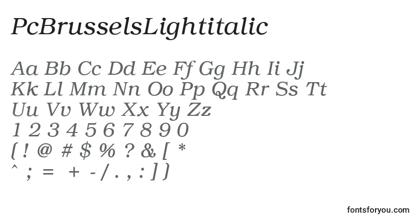 characters of pcbrusselslightitalic font, letter of pcbrusselslightitalic font, alphabet of  pcbrusselslightitalic font