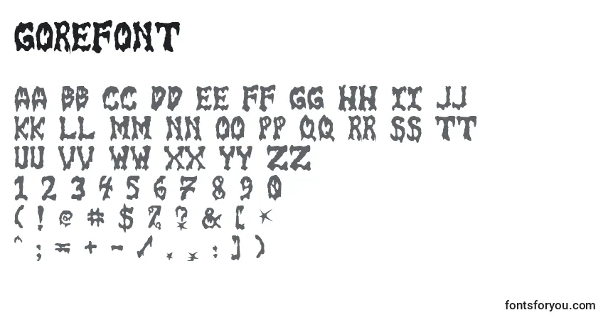 characters of gorefont font, letter of gorefont font, alphabet of  gorefont font