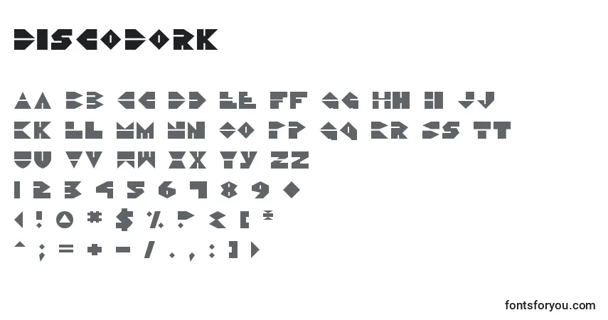 characters of discodork font, letter of discodork font, alphabet of  discodork font