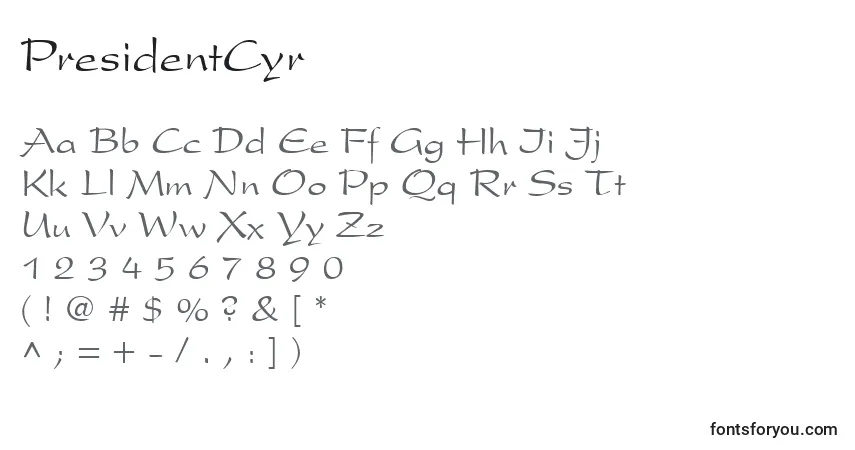 characters of presidentcyr font, letter of presidentcyr font, alphabet of  presidentcyr font