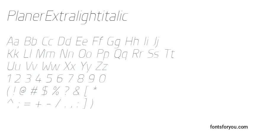 characters of planerextralightitalic font, letter of planerextralightitalic font, alphabet of  planerextralightitalic font