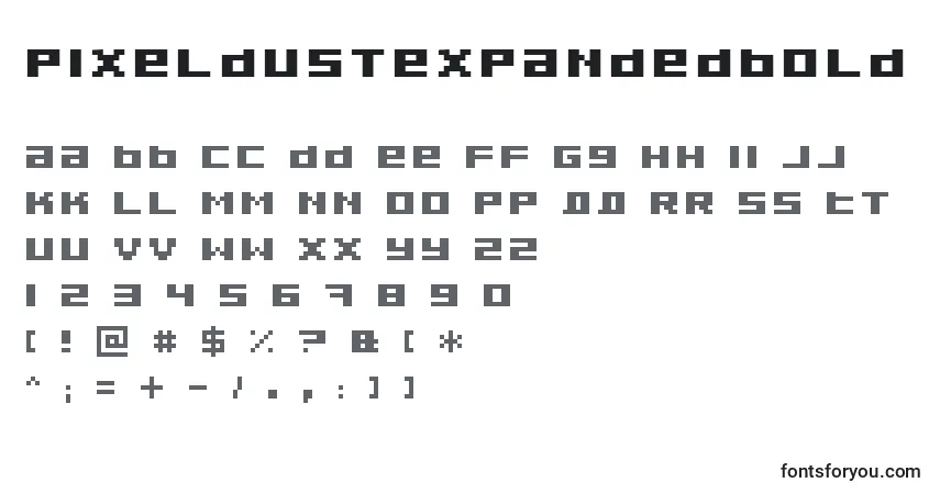 characters of pixeldustexpandedbold font, letter of pixeldustexpandedbold font, alphabet of  pixeldustexpandedbold font