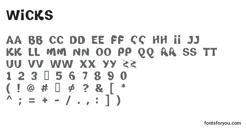 characters of wicks font, letter of wicks font, alphabet of  wicks font