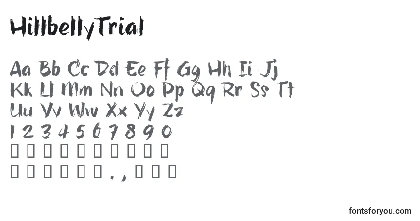 characters of hillbellytrial font, letter of hillbellytrial font, alphabet of  hillbellytrial font