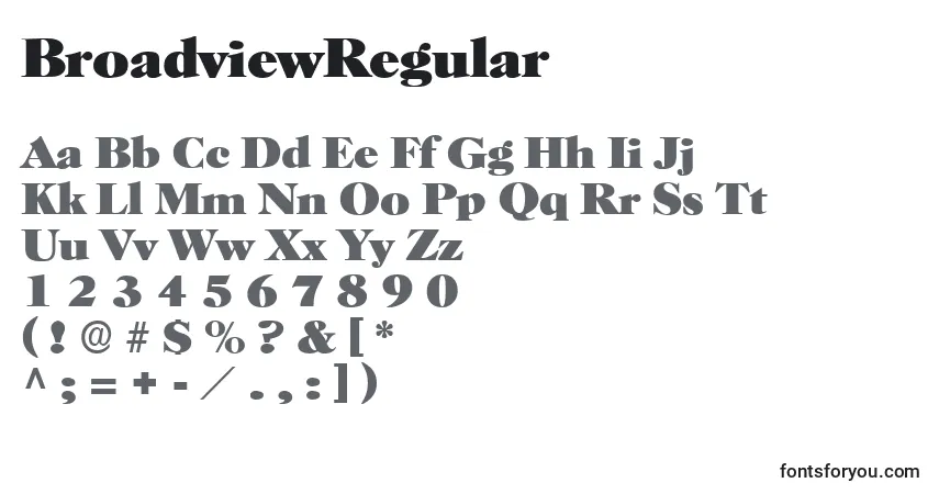 characters of broadviewregular font, letter of broadviewregular font, alphabet of  broadviewregular font