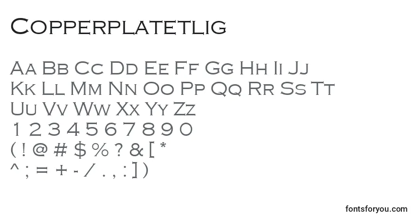 A fonte Copperplatetlig – alfabeto, números, caracteres especiais