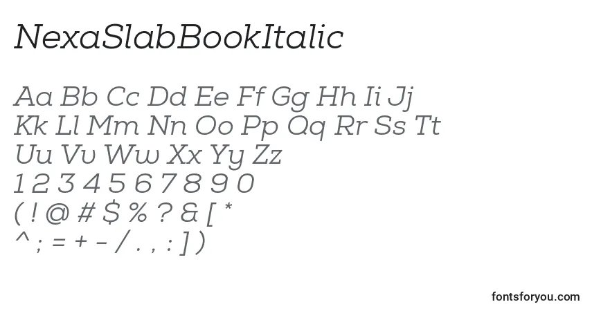 Schriftart NexaSlabBookItalic – Alphabet, Zahlen, spezielle Symbole