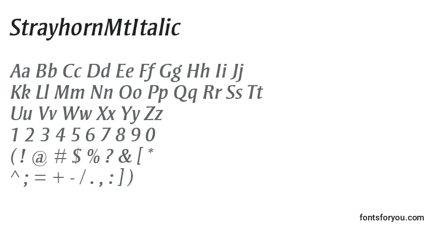 Шрифт StrayhornMtItalic – алфавит, цифры, специальные символы