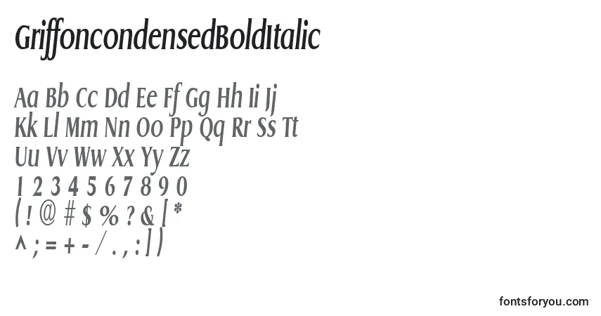 A fonte GriffoncondensedBoldItalic – alfabeto, números, caracteres especiais