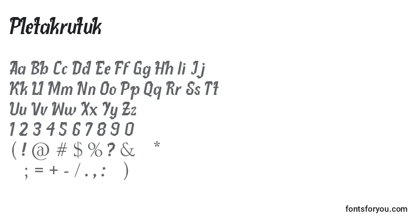 A fonte Pletakrutuk – alfabeto, números, caracteres especiais