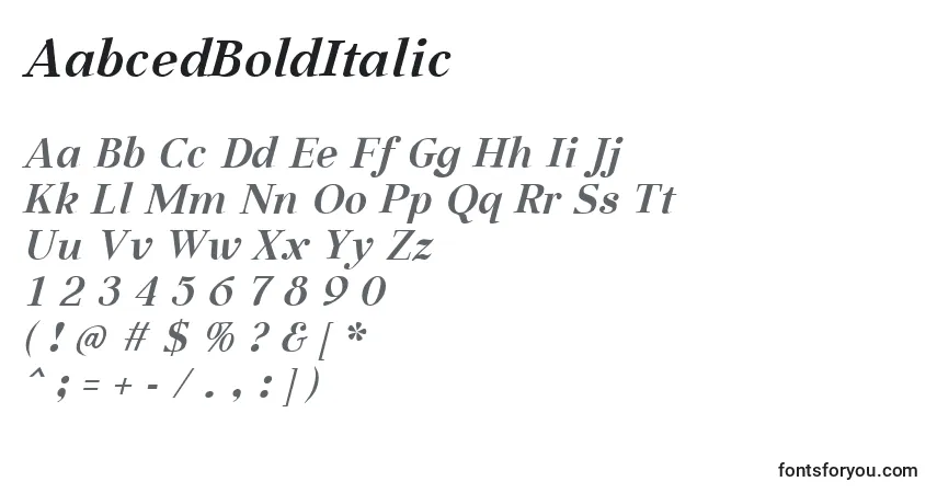 Schriftart AabcedBoldItalic – Alphabet, Zahlen, spezielle Symbole