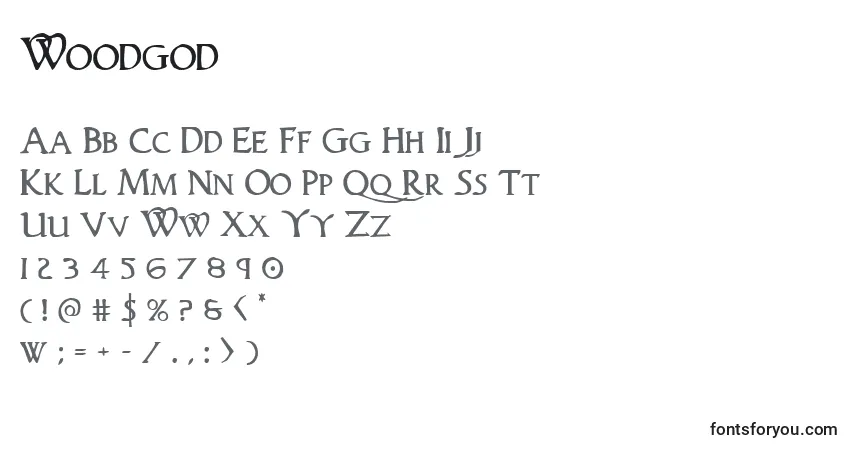 Schriftart Woodgod – Alphabet, Zahlen, spezielle Symbole