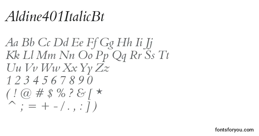 A fonte Aldine401ItalicBt – alfabeto, números, caracteres especiais