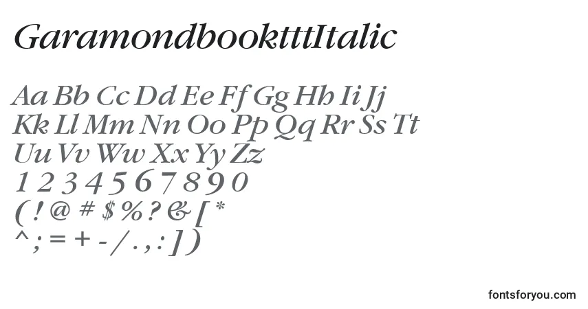 Czcionka GaramondbooktttItalic – alfabet, cyfry, specjalne znaki