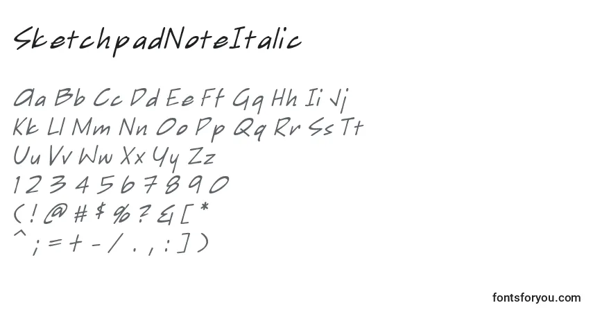 A fonte SketchpadNoteItalic – alfabeto, números, caracteres especiais
