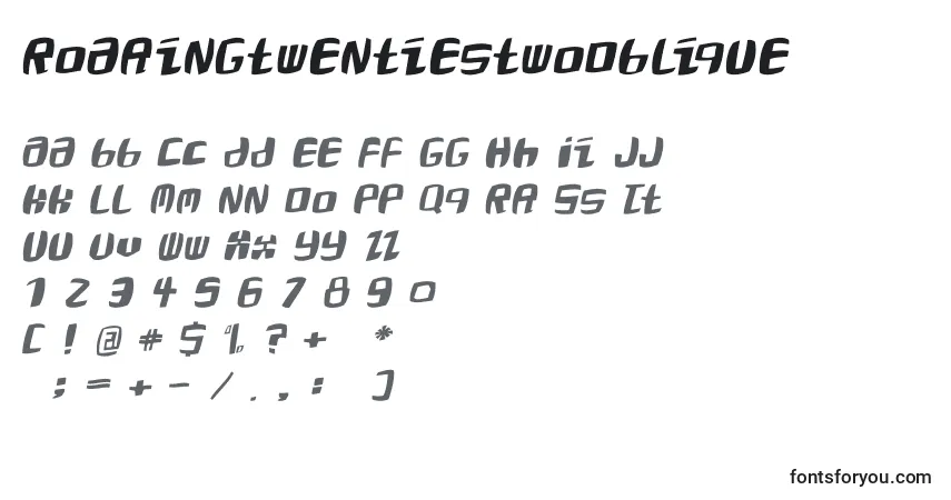 A fonte RoaringtwentiestwoOblique – alfabeto, números, caracteres especiais