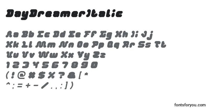 Schriftart DayDreamerItalic – Alphabet, Zahlen, spezielle Symbole