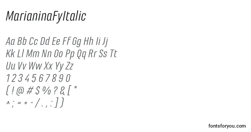 Czcionka MarianinaFyItalic – alfabet, cyfry, specjalne znaki