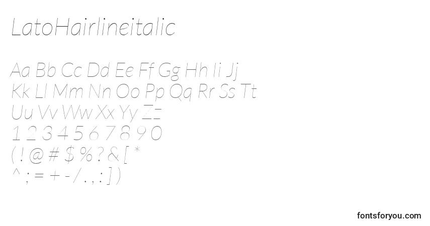 Fuente LatoHairlineitalic - alfabeto, números, caracteres especiales