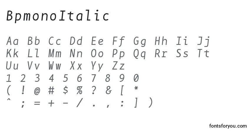 Czcionka BpmonoItalic – alfabet, cyfry, specjalne znaki