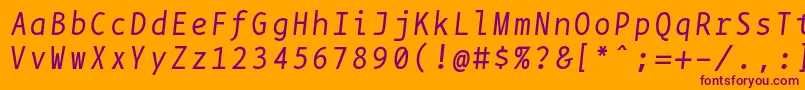 BpmonoItalic-fontti – violetit fontit oranssilla taustalla