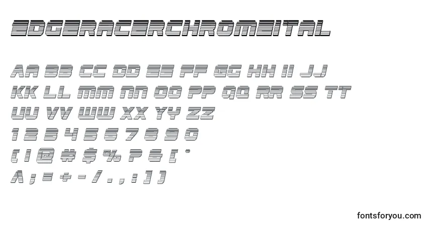 Czcionka Edgeracerchromeital – alfabet, cyfry, specjalne znaki