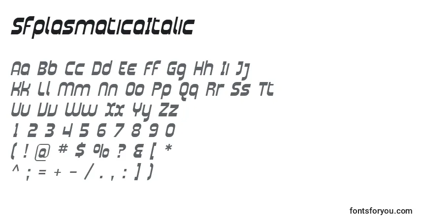 Czcionka SfplasmaticaItalic – alfabet, cyfry, specjalne znaki