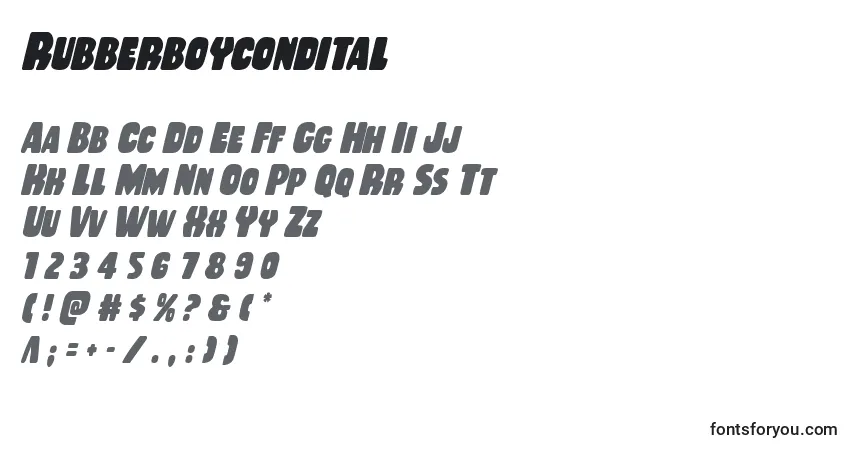 Rubberboycondital-fontti – aakkoset, numerot, erikoismerkit
