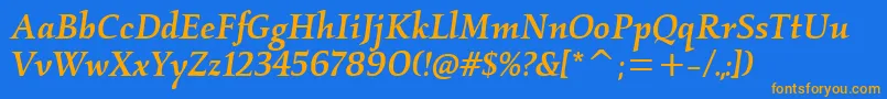 KallosmditcTtMediumitalic-Schriftart – Orangefarbene Schriften auf blauem Hintergrund