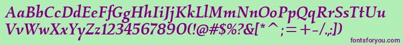 KallosmditcTtMediumitalic-Schriftart – Violette Schriften auf grünem Hintergrund