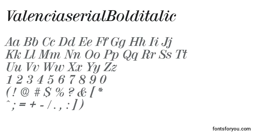 Schriftart ValenciaserialBolditalic – Alphabet, Zahlen, spezielle Symbole