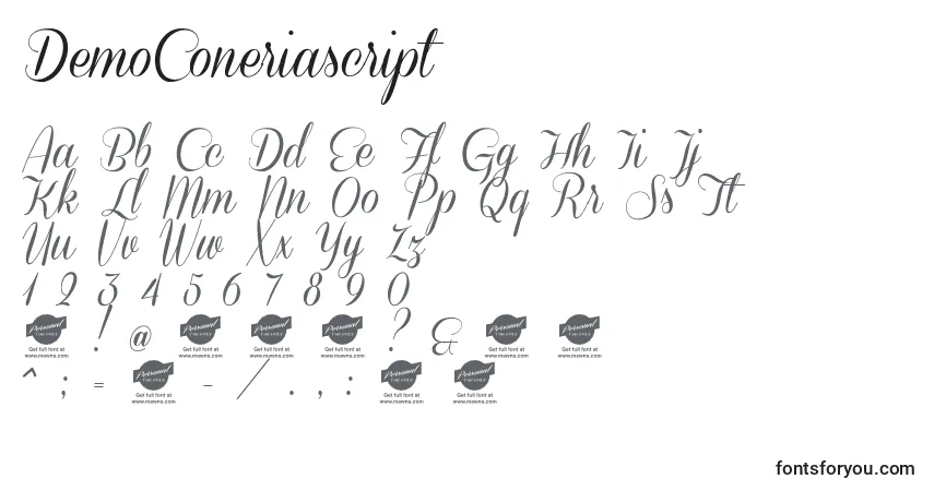 Czcionka DemoConeriascript – alfabet, cyfry, specjalne znaki