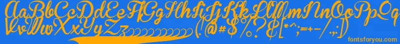 フォントBrannbollFet – オレンジ色の文字が青い背景にあります。