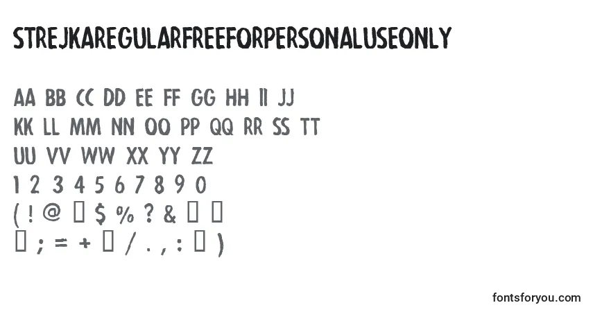 A fonte StrejkaregularFreeForPersonalUseOnly – alfabeto, números, caracteres especiais