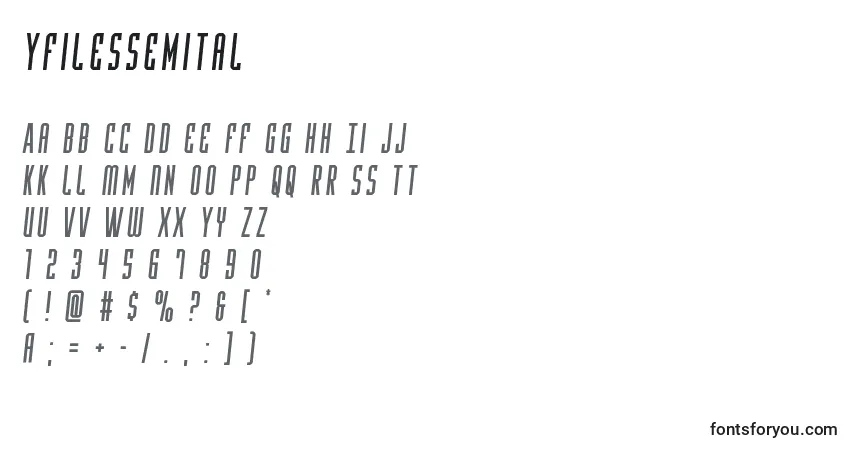 Czcionka Yfilessemital – alfabet, cyfry, specjalne znaki
