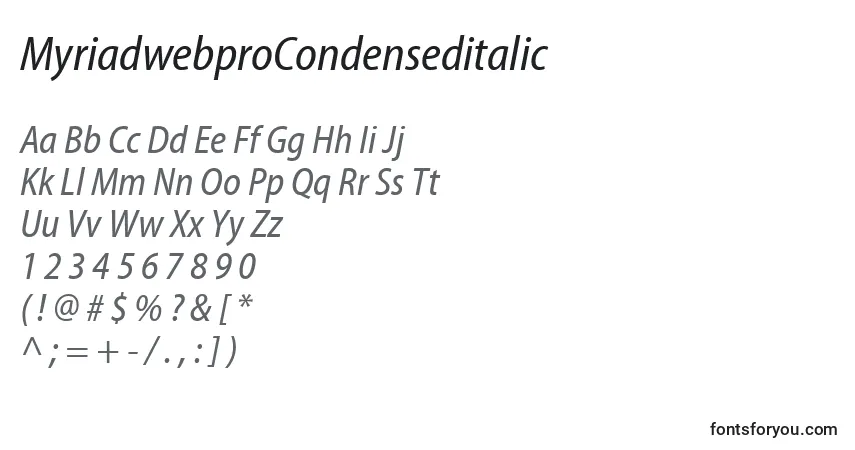 Czcionka MyriadwebproCondenseditalic – alfabet, cyfry, specjalne znaki