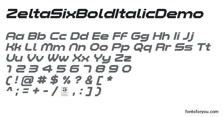 A fonte ZeltaSixBoldItalicDemo – alfabeto, números, caracteres especiais
