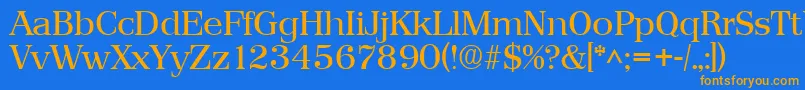 フォントPriamosRegular – オレンジ色の文字が青い背景にあります。