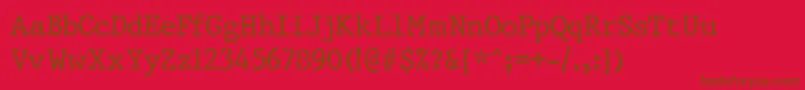PrestigeNormalRegular-Schriftart – Braune Schriften auf rotem Hintergrund