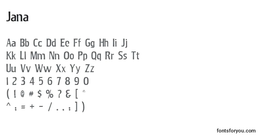 Шрифт Jana – алфавит, цифры, специальные символы