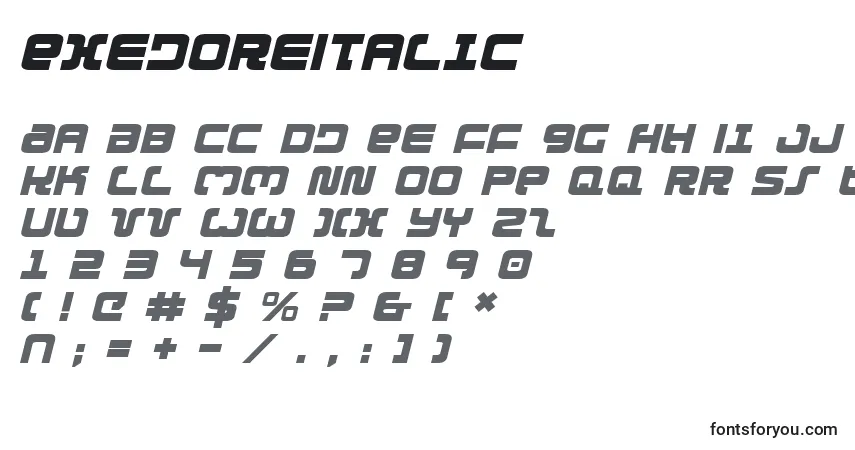 Schriftart ExedoreItalic – Alphabet, Zahlen, spezielle Symbole