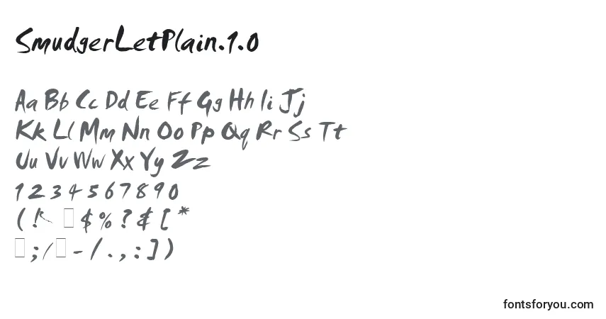 A fonte SmudgerLetPlain.1.0 – alfabeto, números, caracteres especiais