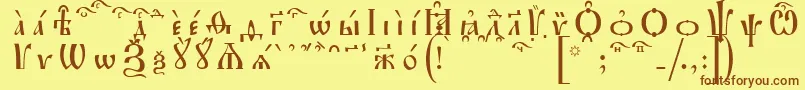 フォントIrmologionKucsSpacedout – 茶色の文字が黄色の背景にあります。