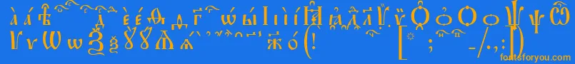 フォントIrmologionKucsSpacedout – オレンジ色の文字が青い背景にあります。