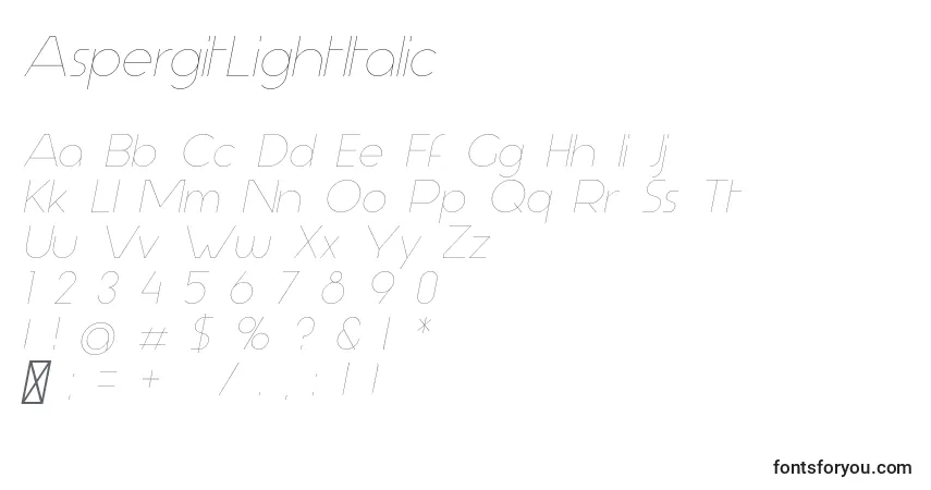 Шрифт AspergitLightItalic – алфавит, цифры, специальные символы