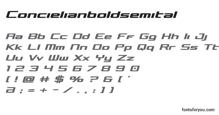 Czcionka Concielianboldsemital – alfabet, cyfry, specjalne znaki