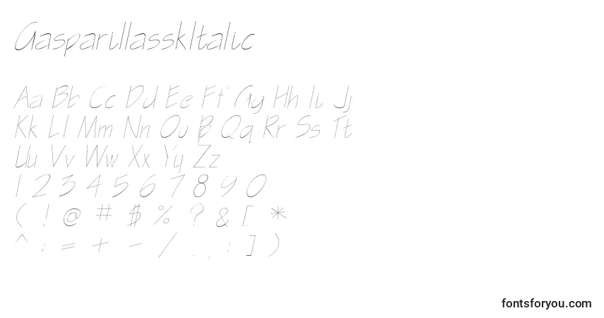 Czcionka GasparillasskItalic – alfabet, cyfry, specjalne znaki
