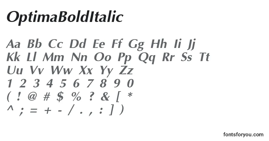A fonte OptimaBoldItalic – alfabeto, números, caracteres especiais