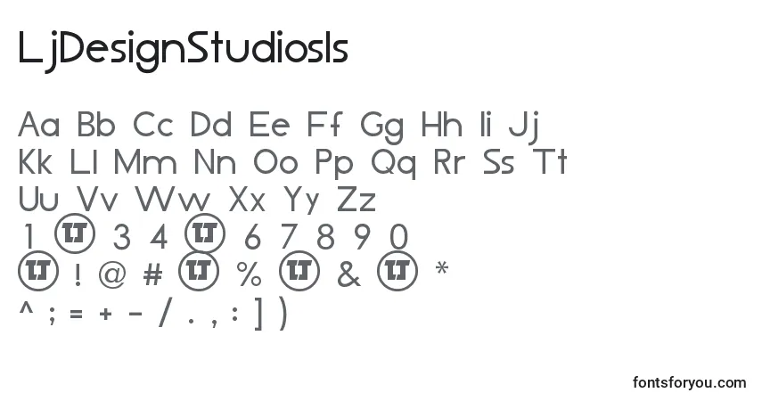 A fonte LjDesignStudiosIs – alfabeto, números, caracteres especiais